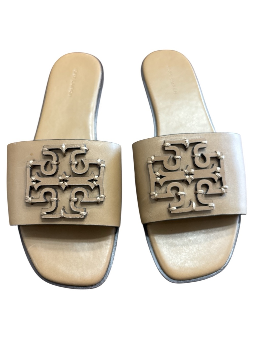 Tory Burch Ines a leather Slide Sandals in Almond Brown Size 8.5